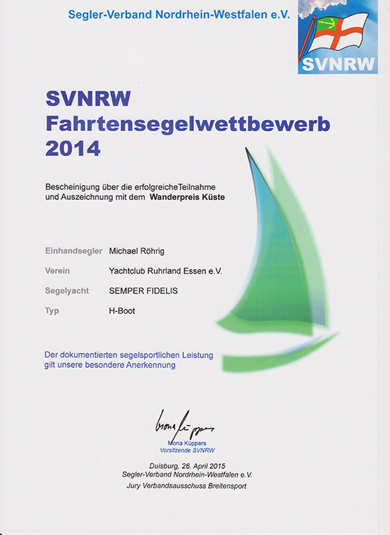 SVNRW Fahrtensegelwettbewerb 2014: Wanderpreis Küste.