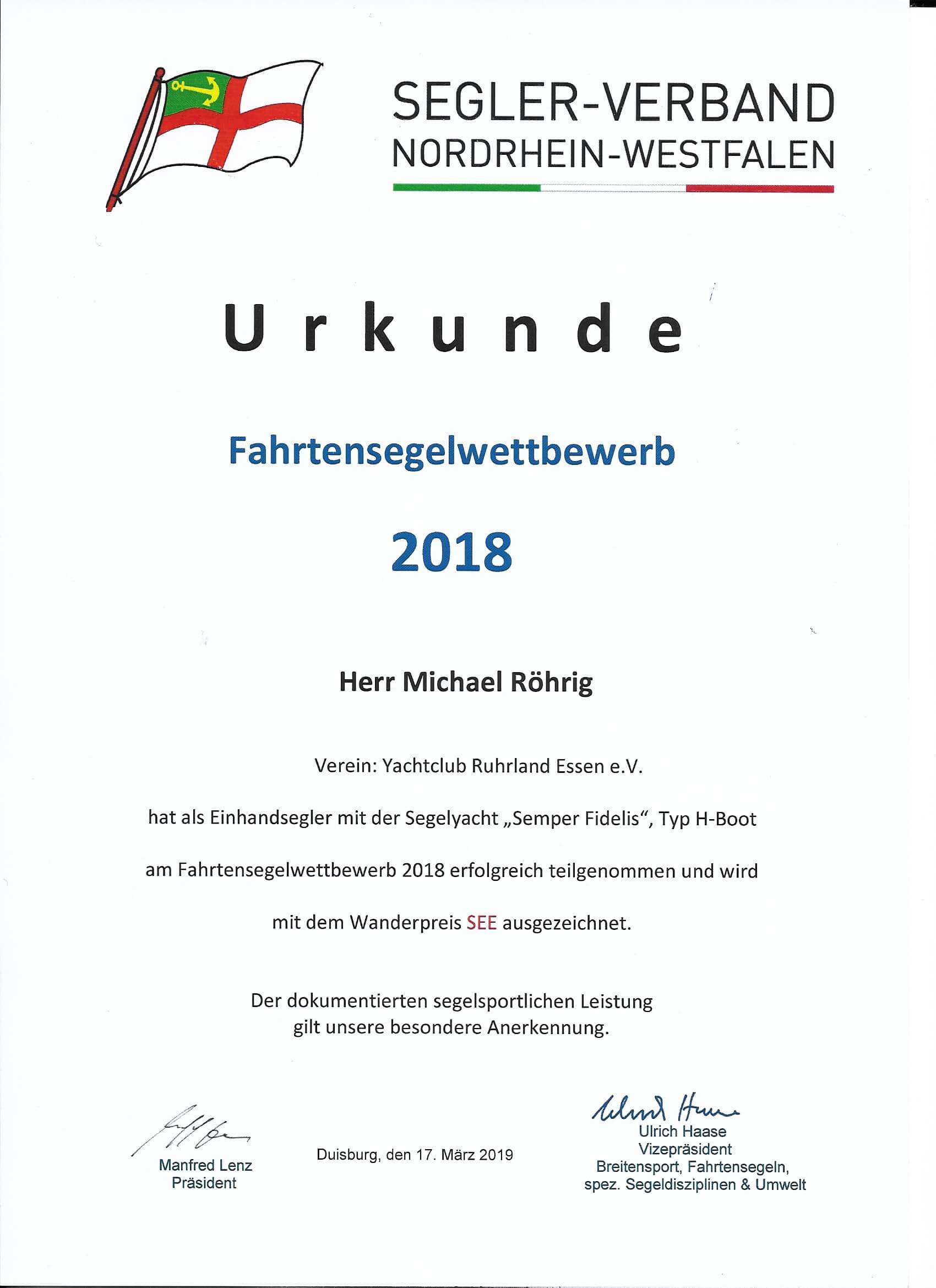 SVNRW Urkunde Fahrtensegeln 2018: Michael Röhrig
